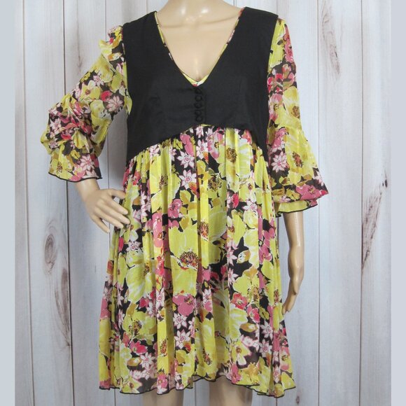 Free People Small Mini Dress Yellow Pink Floral Retro Black Vest Long Sleeve NEW - Picture 3 of 12